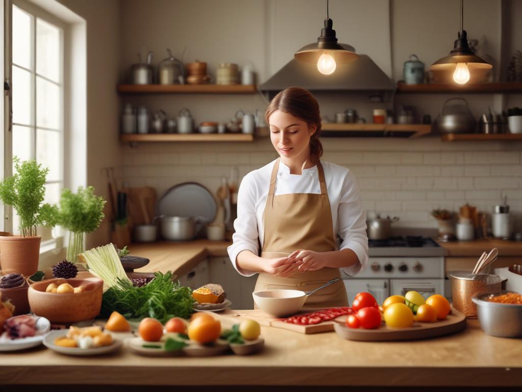 a cozy kitchen setting with a chef teaching a cooking