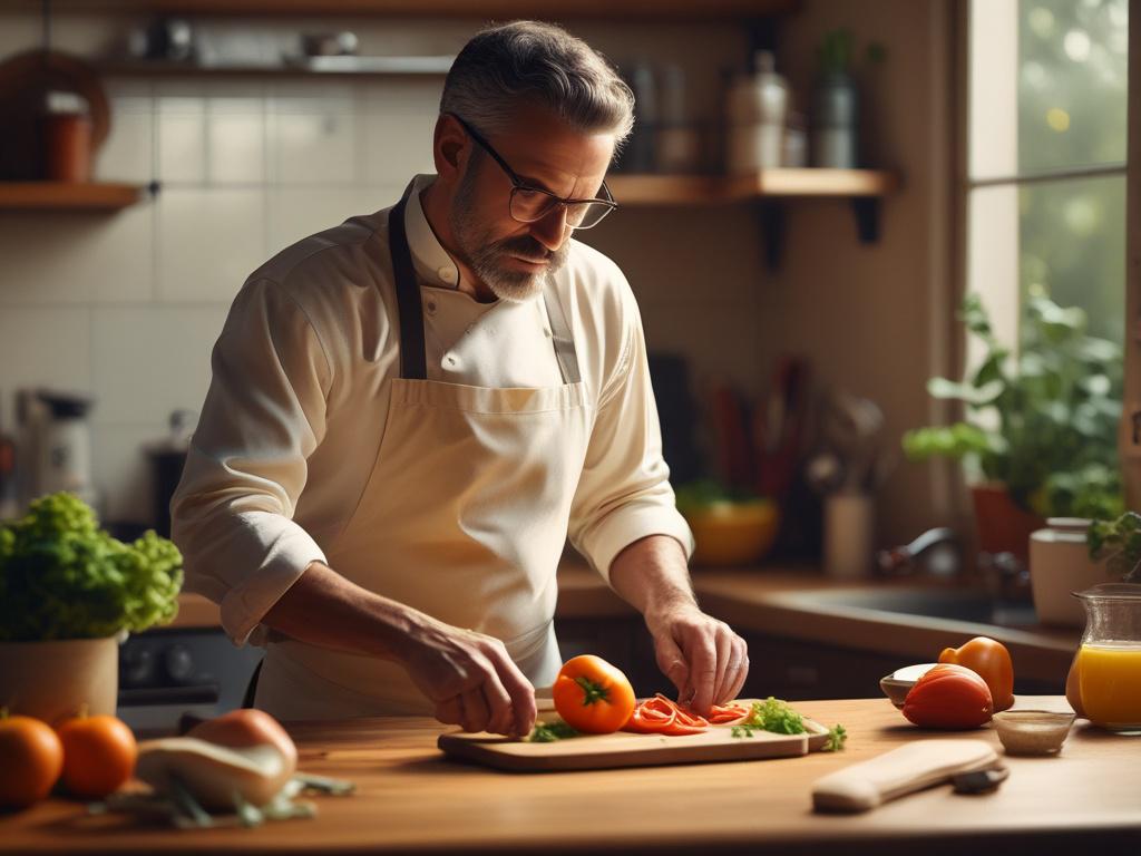 A cozy kitchen setting with a chef preparing a gourmet dish. The chef, a middle-aged Brazilian man, is focused on chopping fresh vegetables on a wooden cutting board. Soft golden lighting bathes the room, creating a warm atmosphere. In the background, there are neatly arranged spices and herbs, with a hint of a beautifully set dining table visible. The overall color palette includes warm earthy tones to complement the inviting ambiance.