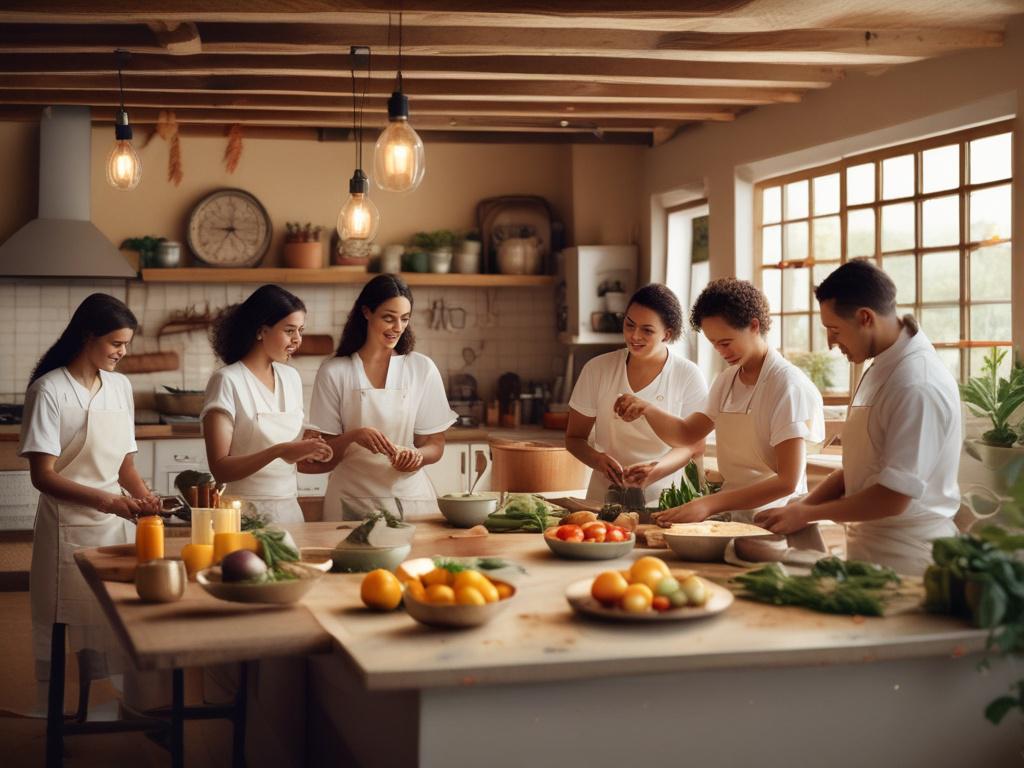 A bright and inviting kitchen where a chef is teaching a cooking class. The chef, a young Brazilian woman, demonstrates a cooking technique to an engaged group of students. The kitchen is filled with fresh ingredients and utensils, with soft golden lighting enhancing the lively atmosphere. Students are smiling and participating actively, creating a sense of camaraderie and excitement around food preparation. The scene captures the joy of learning to cook in a warm, welcoming environment.