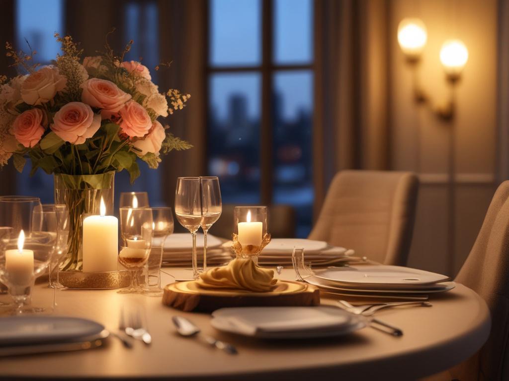 A cozy dining table set for an elegant dinner, featuring a beautifully plated gourmet dish in the center, soft golden lighting creating a warm atmosphere, with subtle decorations like candles and fresh flowers in the background, all in soft focus to emphasize the main dish.