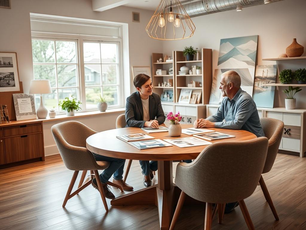 A cozy, well-lit consultation room with a large round table, comfortable chairs, and design samples on the table. A friendly consultant is engaging with a couple, discussing home improvement ideas. The atmosphere is welcoming and professional, with beautiful design materials displayed in the background. The image is shot in a hyper-realistic style with a 45mm f/1.2 lens.