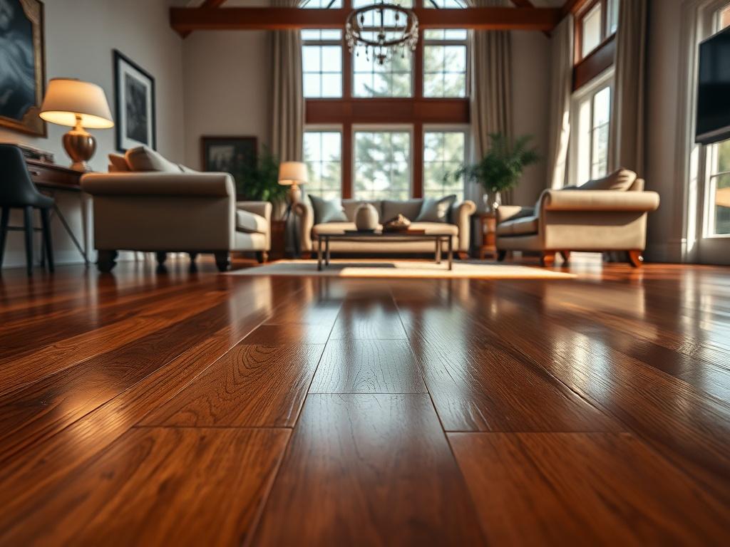 A stunning display of premium hardwood flooring in a well-lit living room. The image should capture the rich color and grain of the wood, with furniture placed to create an inviting atmosphere. A subtle reflection on the floor adds depth, highlighting the quality and elegance of the flooring.
