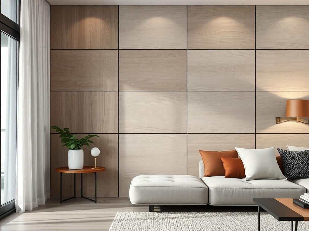 A close-up view of stylish wall panels in a modern living room setting, showcasing their texture and finish. The panels should be arranged artistically, with soft lighting to accentuate their features. The background should be minimalistic, ensuring the focus remains on the wall panels, creating a chic and inviting atmosphere.