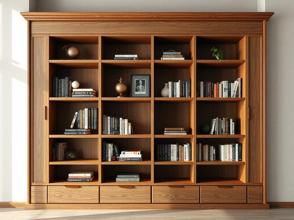A beautifully designed custom shelving unit made of high-quality wood, showcasing a mix of books and decorative items. The unit should be well-lit to highlight its craftsmanship, set against a neutral wall background that enhances its elegance. The composition should focus on the shelves, capturing the intricate details of the woodwork, with a soft shadow to create depth.