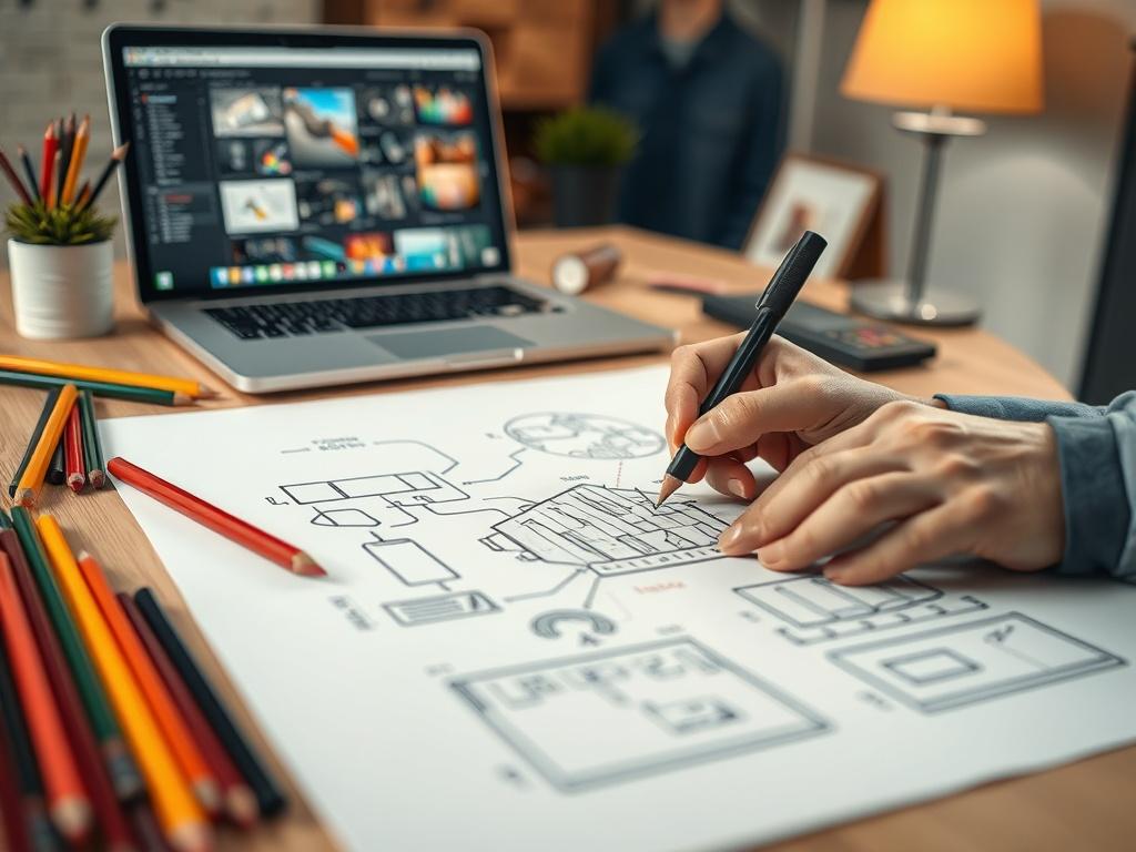 A close-up shot of a designer's hands sketching a creative concept on a large piece of paper, surrounded by colorful pencils, and a laptop displaying design software in the background. The setting is well-lit, with a warm ambiance that reflects creativity and passion for design. The primary color palette includes earth tones to complement the workspace.
