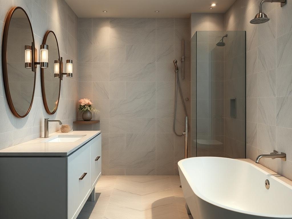A beautifully remodeled bathroom featuring elegant tiles, a modern vanity, and a luxurious soaking tub. The composition focuses on the stunning fixtures and materials, showcasing soft lighting for a warm ambiance. The background is minimalist, emphasizing the bathroom's features with a clean, serene aesthetic.