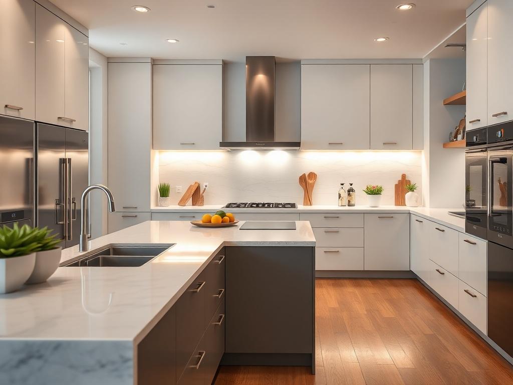 A modern kitchen showcasing sleek cabinetry, high-end appliances, and a spacious island. The image captures a vibrant and inviting atmosphere, highlighting elegant design elements and a functional layout. Soft lighting enhances the textures and colors, creating a warm, welcoming environment.