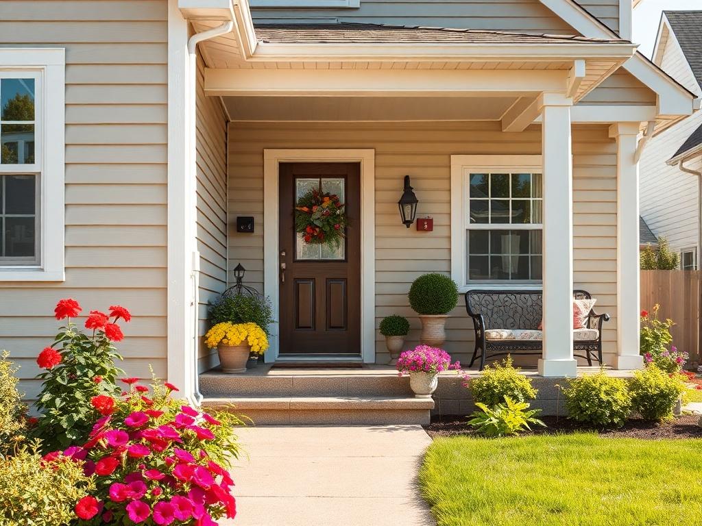 A charming home exterior showcasing fresh siding, a well-maintained lawn, and attractive landscaping. The composition highlights the inviting entrance, vibrant flowers, and a cozy outdoor seating area. Bright sunlight casts a warm glow, enhancing the overall appeal.