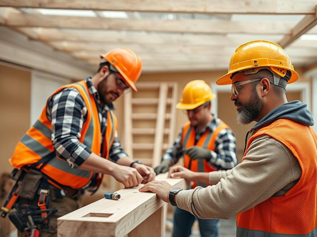 A construction team actively working on a home improvement project, installing high-quality materials. Tools and equipment are visible, and safety measures are in place. The scene shows collaboration and professionalism, with a focus on craftsmanship and attention to detail. The image is shot in a hyper-realistic style with a 45mm f/1.2 lens.