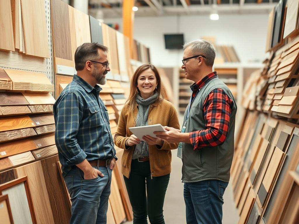 A vibrant display of various home improvement materials, including wood samples, paint swatches, and fabric textures. A customer is interacting with a material consultant, discussing options. The setting is bright and organized, showcasing a variety of choices in an inviting manner. The image is shot in a hyper-realistic style with a 45mm f/1.2 lens.
