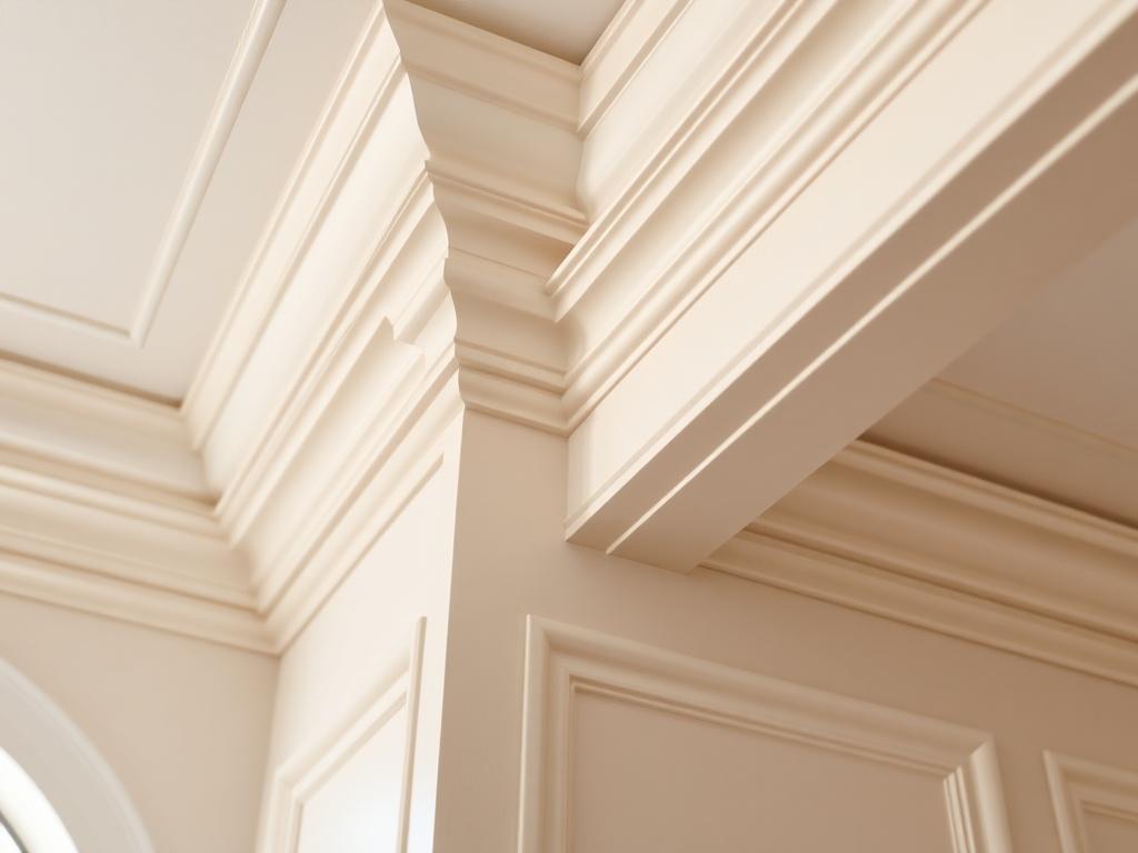A hyper-realistic close-up shot of intricate crown molding and trim work along a ceiling, highlighting the craftsmanship and attention to detail. The wood is painted in a soft color that contrasts beautifully with the wall, creating an elegant and sophisticated look. The background is softly focused to emphasize the trim work.