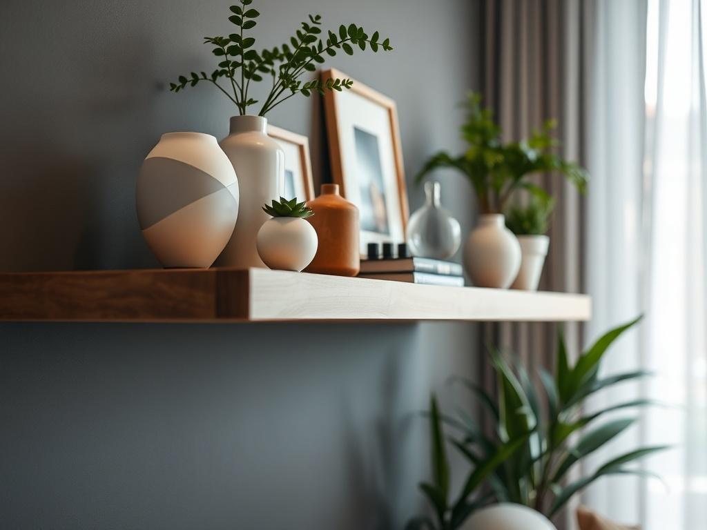 A hyper-realistic close-up shot of an elegantly designed floating shelf displaying decorative items, books, and plants. The shelf is crafted from high-quality wood, with a modern finish that enhances the room's aesthetics. The background is softly blurred to draw attention to the shelf's details and design, creating an inviting atmosphere.