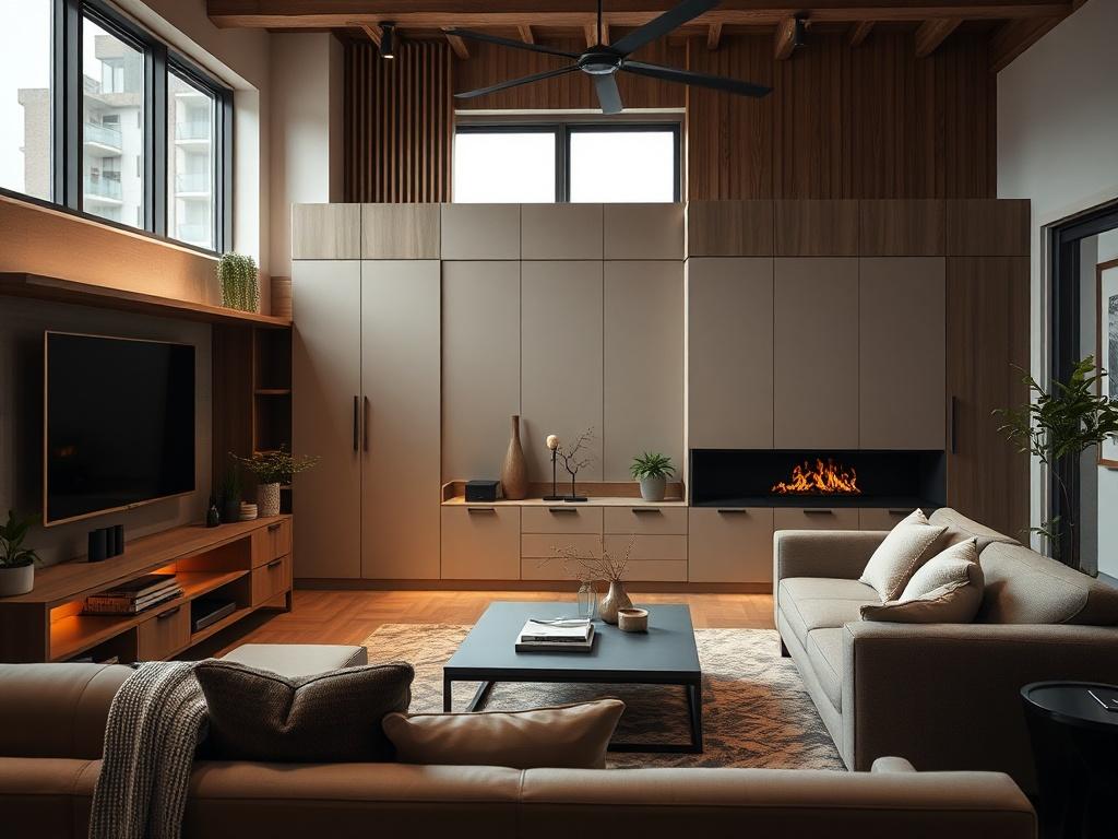 A contemporary living room equipped with functional cabinetry, showcasing a blend of style and practicality. The room should display a cozy seating area with stylish storage solutions integrated into the design. Focus on the cabinetry and its seamless integration into the living space, with warm lighting enhancing the inviting atmosphere.