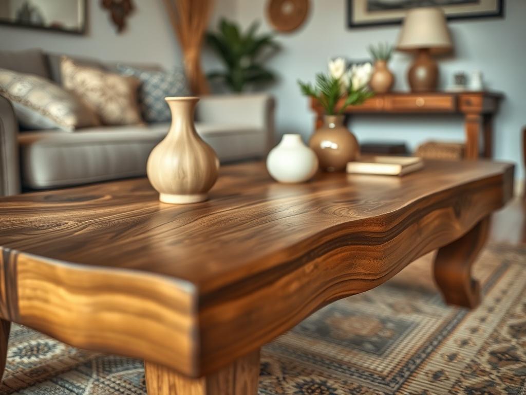 A close-up shot of a handcrafted artisan coffee table displaying unique craftsmanship and intricate designs. The table is beautifully styled with decorative objects on top, and the background is softly blurred to emphasize the table. The lighting is warm and inviting, highlighting the textures and details of the wood.