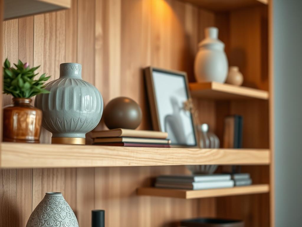 A close-up shot of a beautifully crafted bespoke wooden shelf filled with various decorative items. The shelf is designed with a minimalist style, featuring clean lines and a natural wood finish. The background is softly blurred to emphasize the shelf, with warm lighting that highlights the texture of the wood and the elegance of the decor.