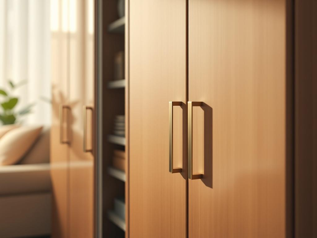 A close-up shot of a modern storage cabinet with an elegant finish, showcasing neatly organized items inside. The cabinet features a sleek design with minimalistic handles, and the background softly blurs to highlight the cabinet's beauty. Warm, natural lighting enhances the overall aesthetic, creating an inviting atmosphere.