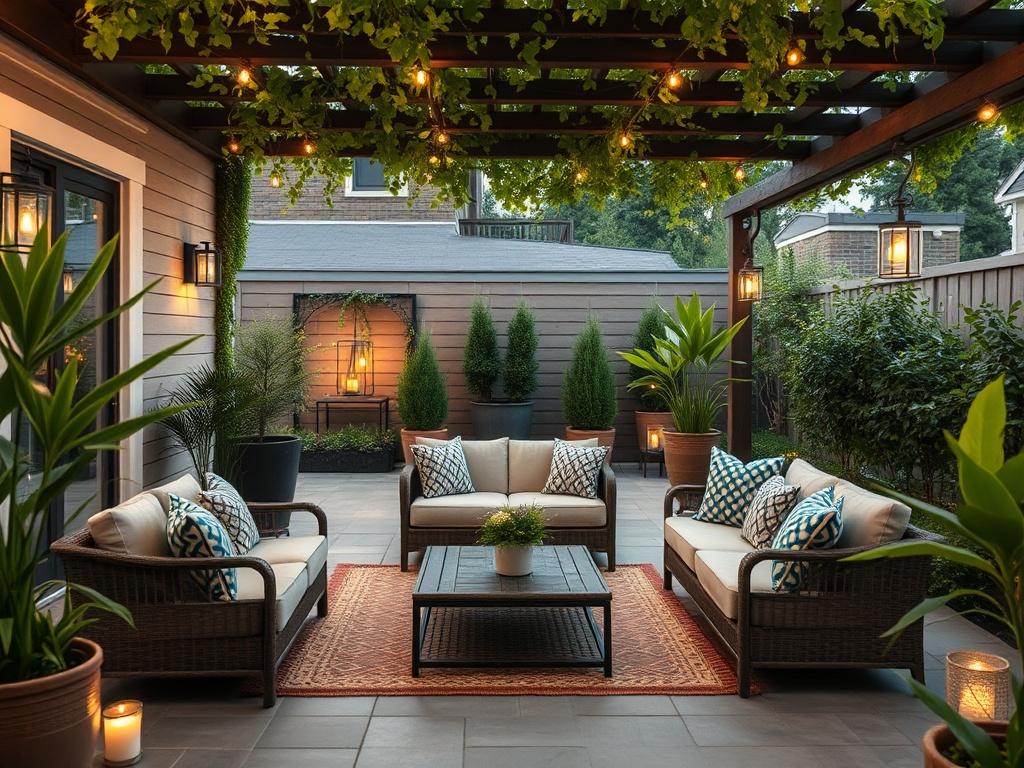 A stunning outdoor living space featuring a beautifully arranged patio with comfortable seating, lush greenery, and decorative lighting. The scene should evoke a sense of tranquility and relaxation, showcasing a harmonious blend of nature and design. The focus should be on the inviting atmosphere of the outdoor area, perfect for gatherings or quiet moments.