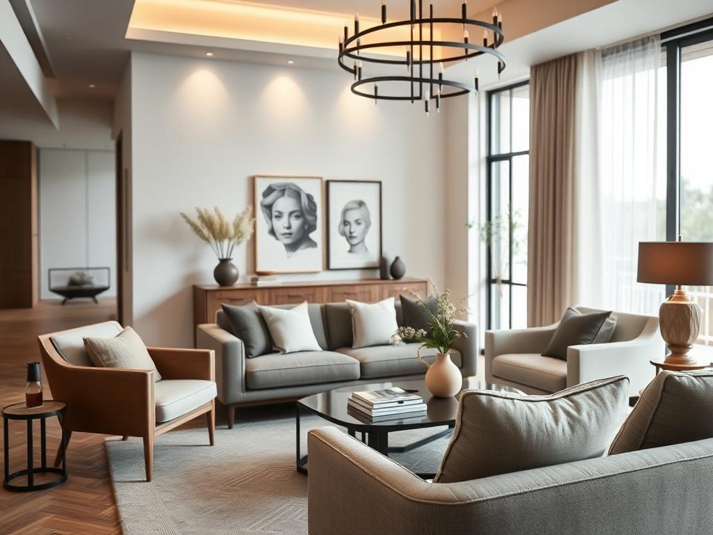 A beautifully designed living room featuring a modern interior with stylish furniture, elegant decor, and a harmonious color palette. The composition should focus on the inviting atmosphere created by the design, showcasing a cozy seating area with a coffee table and artistic elements. The background should be softly blurred to emphasize the main subject, enhancing the warm and inviting vibe of the space.