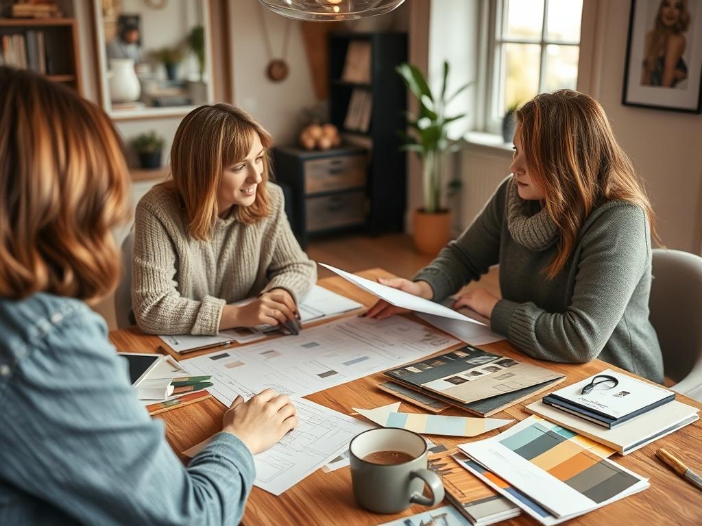 A warm and inviting consultation space with a designer discussing renovation plans with a homeowner. The setting should include samples of materials, color swatches, and design sketches spread out on a table. The focus should be on the interaction between the designer and the homeowner, highlighting the collaborative and creative nature of the consultation process.