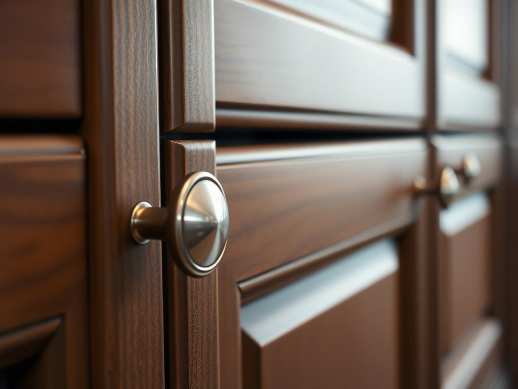 A close-up shot of beautifully finished cabinetry, highlighting intricate details and textures. The image should capture the richness of the wood finish and the elegance of the hardware. A subtle background that emphasizes the beauty of the cabinetry without distractions should be used. The composition should evoke a sense of luxury and craftsmanship.