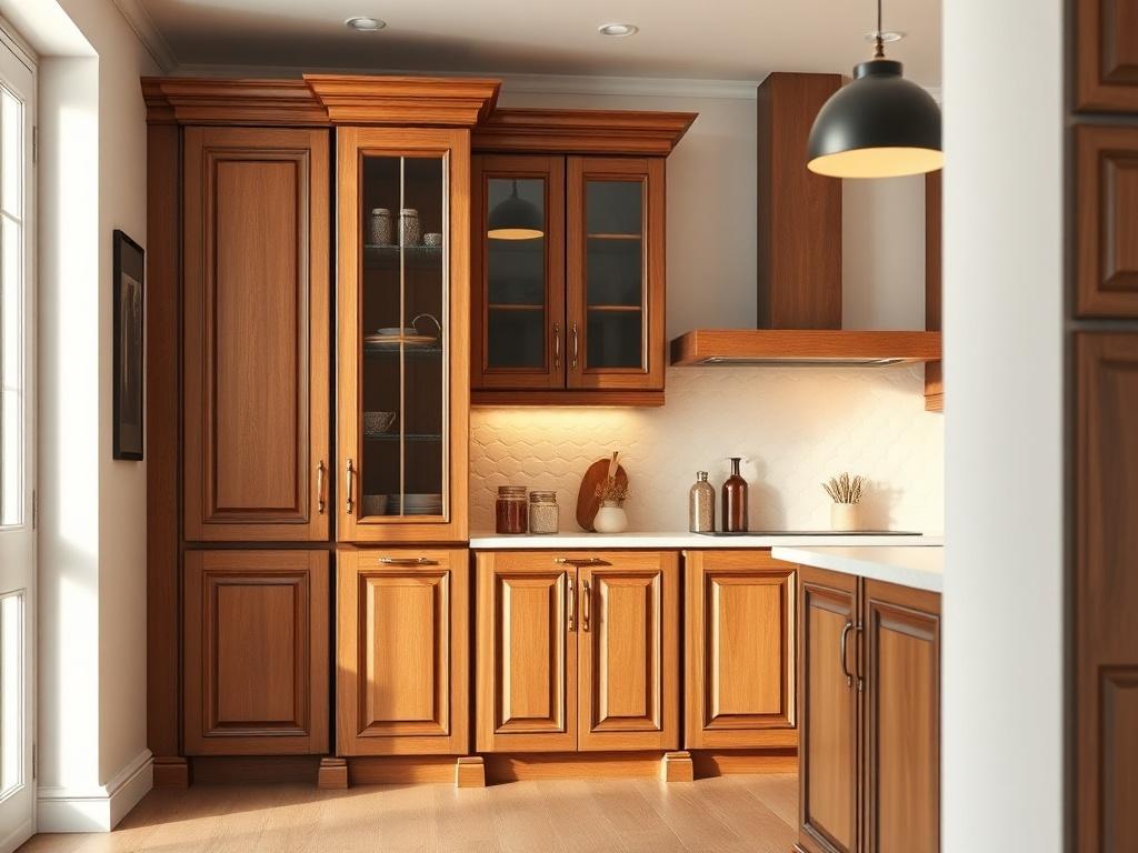 A beautifully designed custom cabinet in a modern home setting, showcasing intricate woodwork and elegant finishes. The cabinet should be the main focus, surrounded by a clean, minimalistic background that highlights its design features. The lighting should be warm and inviting, capturing the essence of home improvement. The image should evoke a sense of sophistication and craftsmanship.