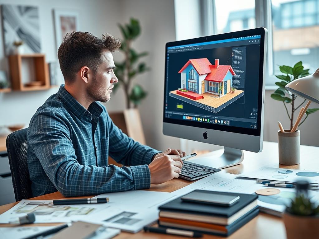 A designer working on a computer, displaying a 3D model of a home improvement project. The screen shows vibrant colors and textures. The designer is focused and taking notes, with design sketches and materials samples scattered on the desk. The environment is bright and creative, emphasizing innovation. The image is shot in a hyper-realistic style with a 45mm f/1.2 lens.