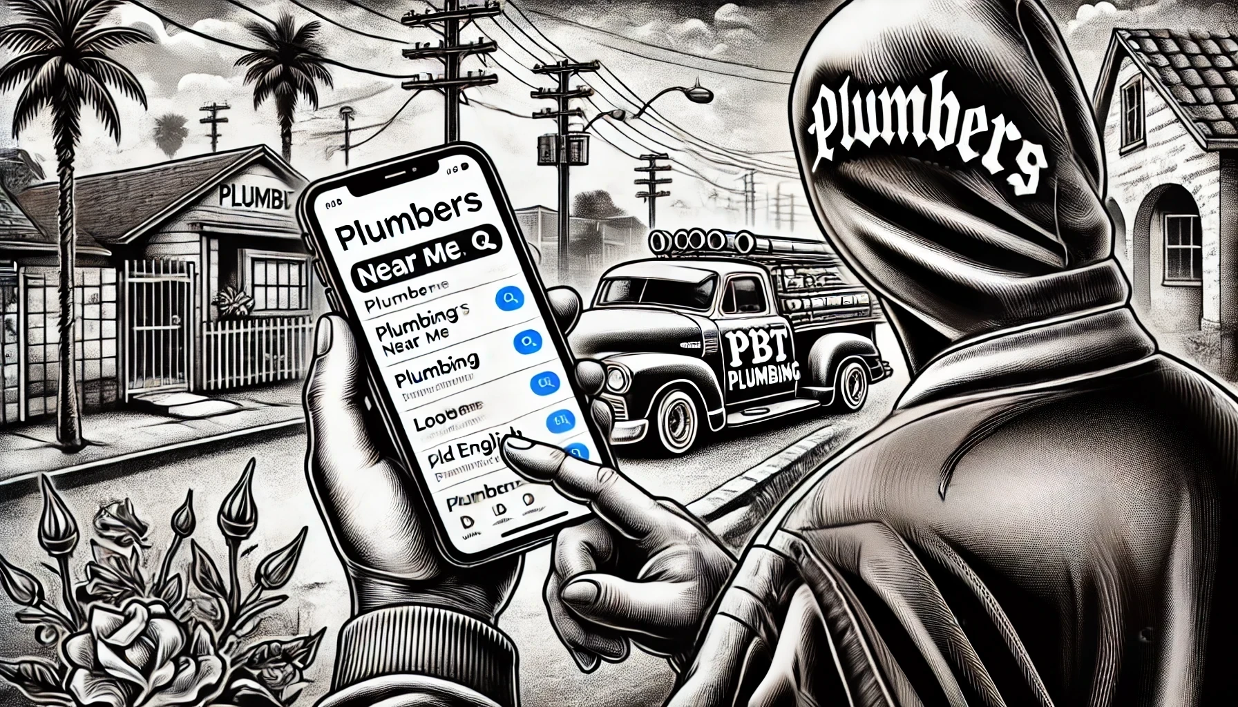 dall·e 2025-03-11 08.14.45 - a digital illustration in chicano-style featuring a person searching 'plumbers near me' on their smartphone, with a plumbing service truck in the back.webp