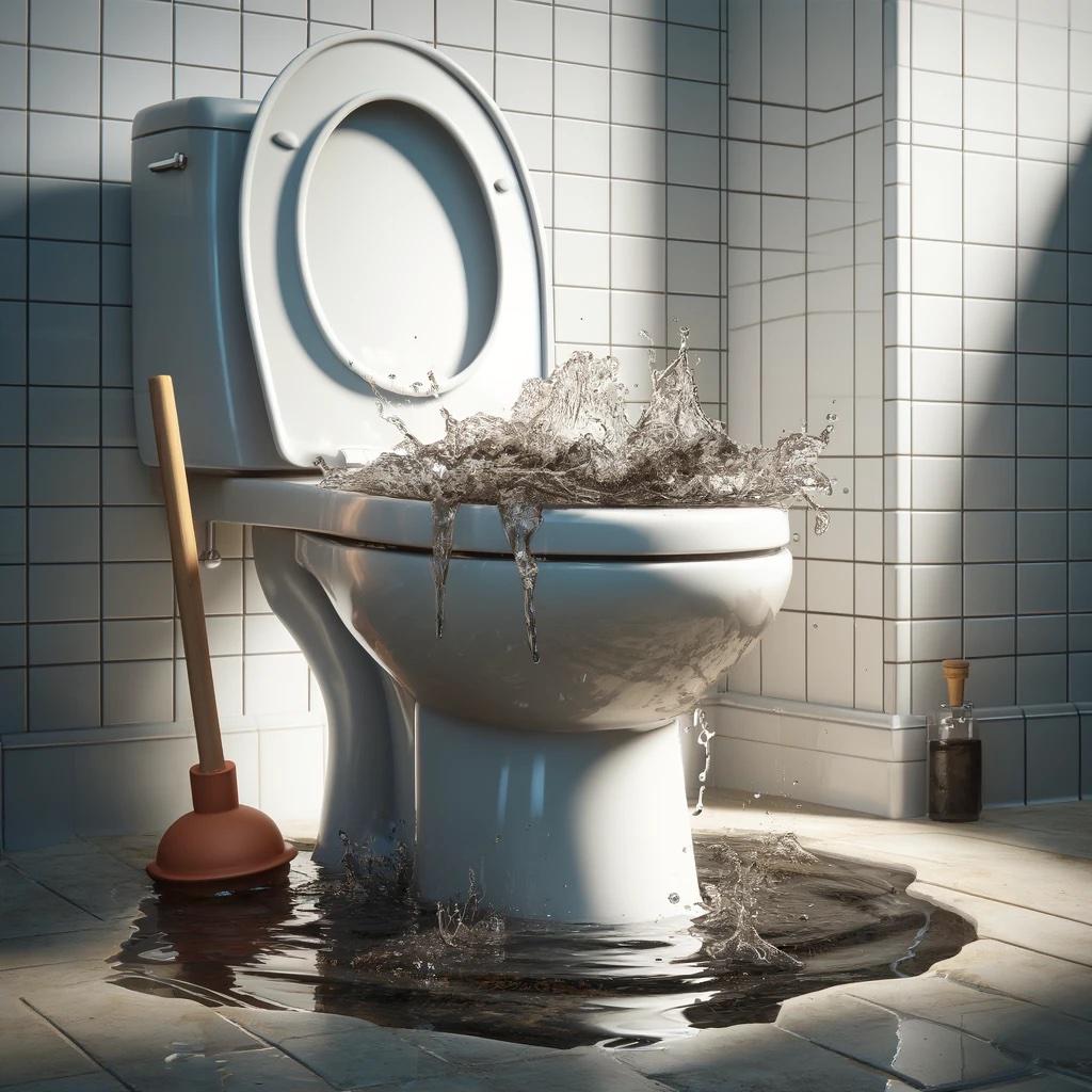 dall·e 2025-03-10 08.06.07 - a realistic image of a clogged toilet with water rising close to the rim. the bathroom appears clean but with visible distress, such as a plunger near.jpeg