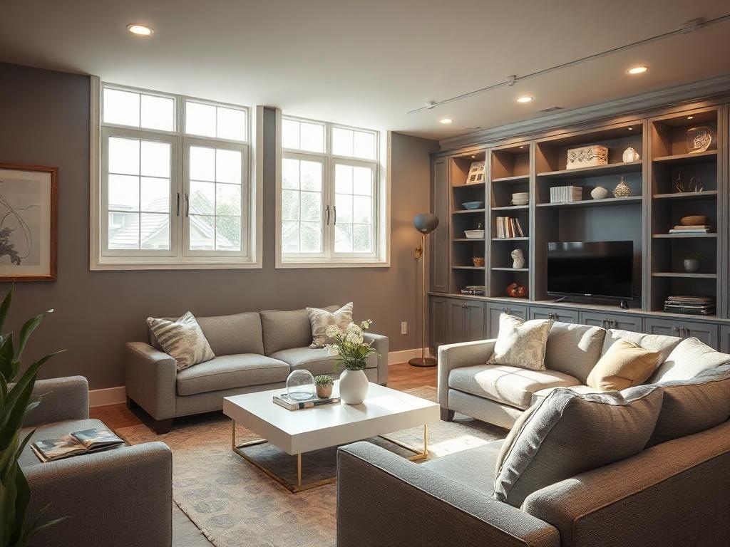 **Prompt for AI Image Generator:**

Create a realistic high-resolution close-up image of a beautifully finished basement interior, focusing on a single, elegantly designed corner of the room. The composition should feature a cozy seating area with a plush sofa and a stylish coffee table, showcasing an inviting and warm atmosphere. 

In the background, include soft, ambient lighting from recessed fixtures and a set of large windows that allow natural light to flood the space, illuminating the area's tasteful