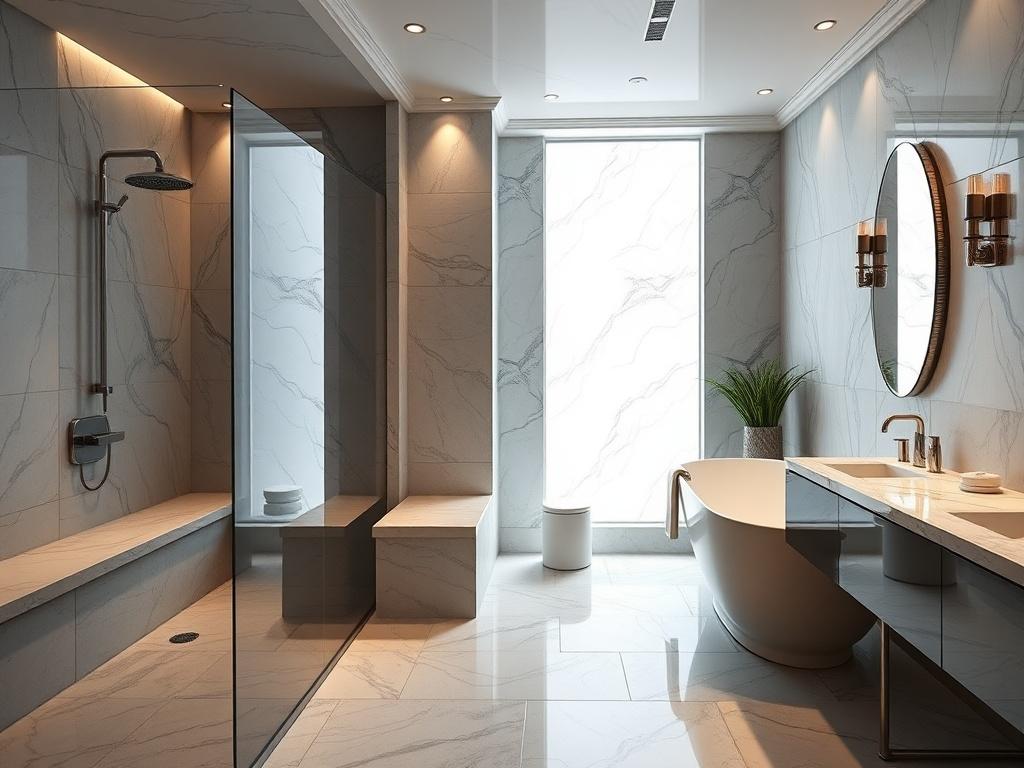 A luxurious basement bathroom featuring modern fixtures, a spacious walk-in shower, and a stylish freestanding bathtub. The design includes elegant tile work and ambient lighting, creating a spa-like atmosphere. The bathroom should showcase high-end materials, such as marble countertops and polished chrome finishes. The image focuses on the inviting layout and elegant details of the bathroom, rendered in hyper-realistic quality, capturing the essence of luxury.