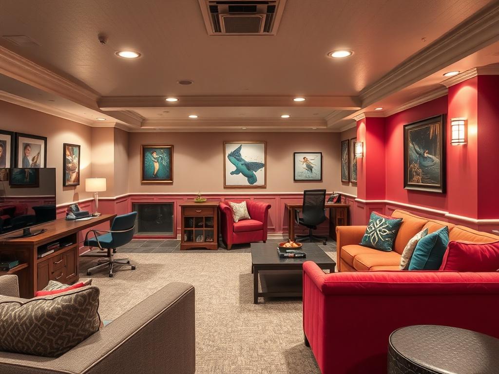A custom-finished basement showcasing a personalized design with distinct areas for entertainment, relaxation, and work. The space features comfortable seating, a vibrant color palette, and decorative elements tailored to the owner's taste. The image should capture the essence of a well-designed basement, focusing on the unique finishes and personal touches that make the space inviting and functional. Rendered in hyper-realistic quality, the image highlights the intricacies of the basement’s design.