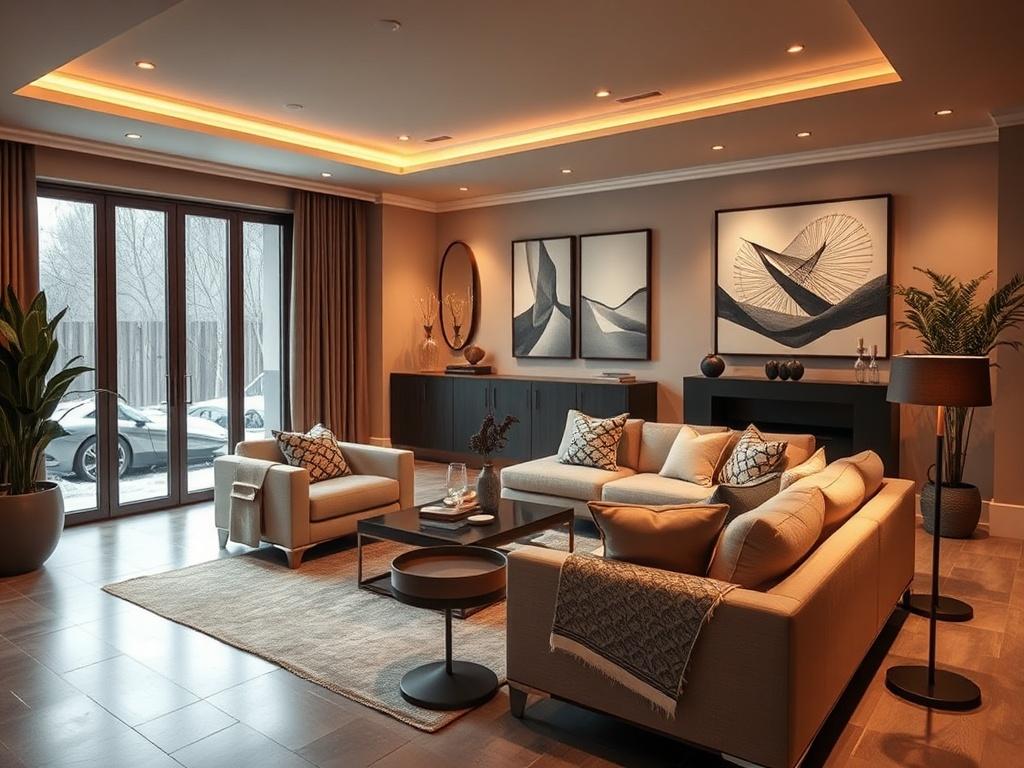 A beautifully remodeled basement showcasing modern design elements. The image features a spacious living area with stylish furniture, warm lighting, and contemporary decor. The walls are painted in soft, inviting colors, and large windows allow natural light to flood the room. There is a cozy seating area with a plush sofa and a coffee table, complemented by elegant artwork on the walls. The overall ambiance is inviting and luxurious, capturing the essence of a perfect basement remodel.