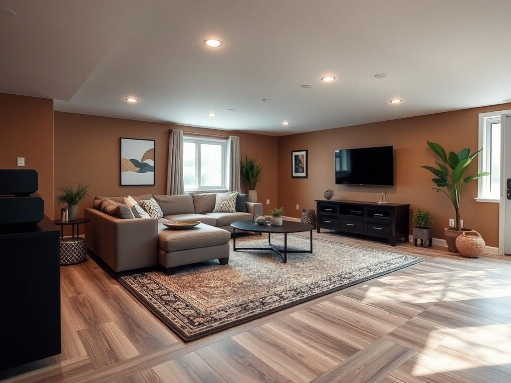 An unfinished basement transformed into a cozy family room. The image captures a comfortable seating area with a sectional sofa, a large area rug, and entertainment equipment. The walls are painted in warm tones, and the flooring features stylish laminate. Natural light filters through newly installed windows, creating an inviting atmosphere. Decorative elements like wall art and plants add character, showcasing the potential of a well-finished basement.