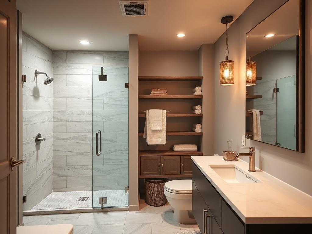 A modern basement bathroom featuring elegant design and high-quality finishes. The image showcases a spacious layout with a sleek shower, stylish vanity, and contemporary fixtures. Soft lighting creates a warm atmosphere, while beautiful tile work adds a touch of sophistication. The bathroom includes thoughtful storage solutions, with neatly organized shelves and cabinets. The overall design is a perfect blend of luxury and functionality, representing the ideal custom bathroom build-out for a basement.