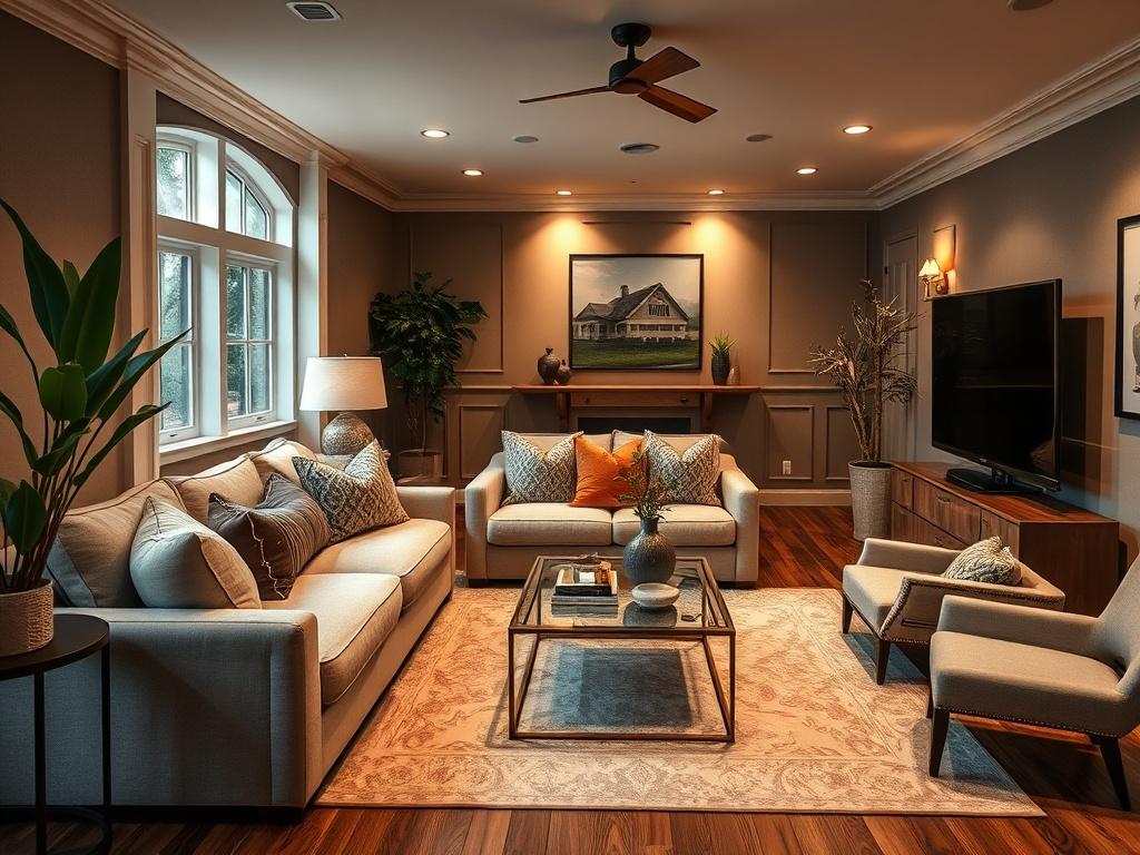 A beautifully remodeled basement featuring a cozy family room with elegant furniture, warm lighting, and stylish decor. The image should focus on the inviting atmosphere, showcasing a plush sofa, a coffee table, and decorative elements like plants and artwork. The background should include partially visible walls with tasteful paint and flooring, highlighting the transformation. Shot with a 45mm f/1.2 lens for a close-up, hyper-realistic effect.