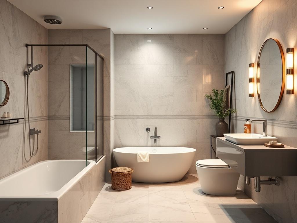 An elegant basement bathroom featuring modern fixtures, stylish tiles, and a serene ambiance. The image should capture a spacious layout with a sleek vanity, a contemporary shower, and tasteful decor. Soft lighting should create a warm and inviting feel, showcasing the luxurious details in the design. The background should be minimalist to emphasize the bathroom's features, shot with a 45mm f/1.2 lens for a hyper-realistic effect.