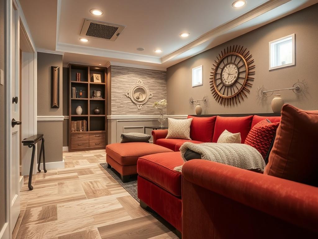 A close-up view of high-quality custom finishes in a basement, showcasing various textures and colors. The image should focus on detailed elements like flooring, wall treatments, and decorative accents that represent style and craftsmanship. The setting should convey a sense of warmth and comfort, emphasizing the unique design choices. Shot with a 45mm f/1.2 lens for a hyper-realistic effect.