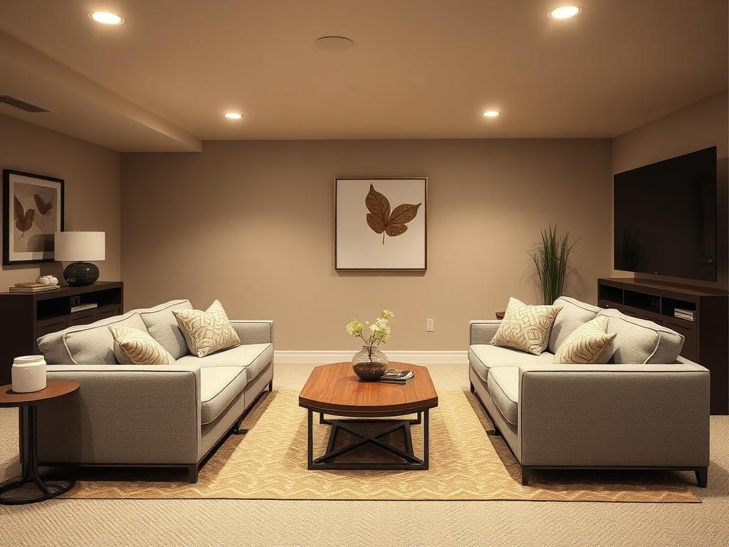 A newly finished basement designed as a cozy family room