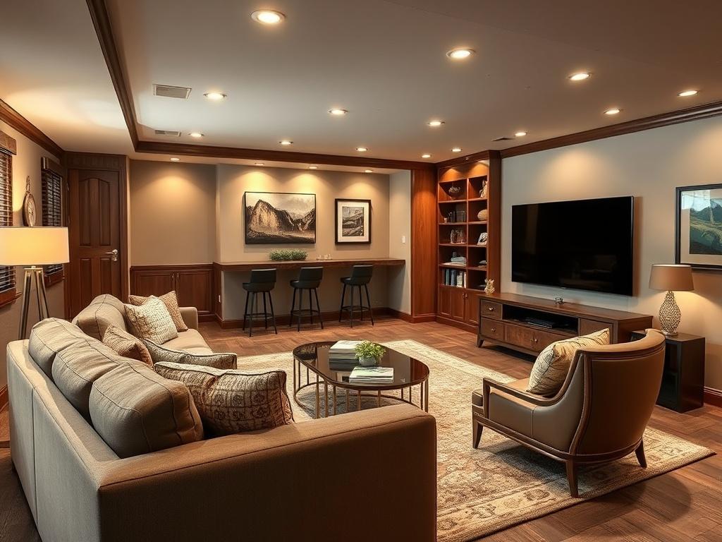 A beautifully remodeled basement featuring a cozy family room with modern furniture, soft lighting, and elegant decor. The space includes a stylish entertainment area with a large TV and comfortable seating. Show a warm color palette with rich wooden accents and plush carpets. The background should feature a small bar area with stools, creating an inviting atmosphere. Shot in a hyper-realistic style, focusing on the details of the furnishings and decor.