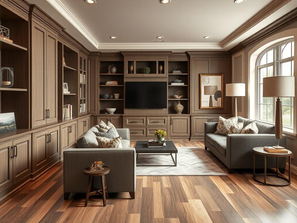 A beautifully finished basement highlighting custom cabinetry and unique flooring. Showcase a stylish living area with built-in shelves, plush seating, and decorative elements that reflect personal style. Include intricate details in cabinetry and flooring to emphasize craftsmanship. The color palette should be warm and inviting, creating a cozy atmosphere. Shot in hyper-realistic style, focusing on the quality of materials and the overall design.