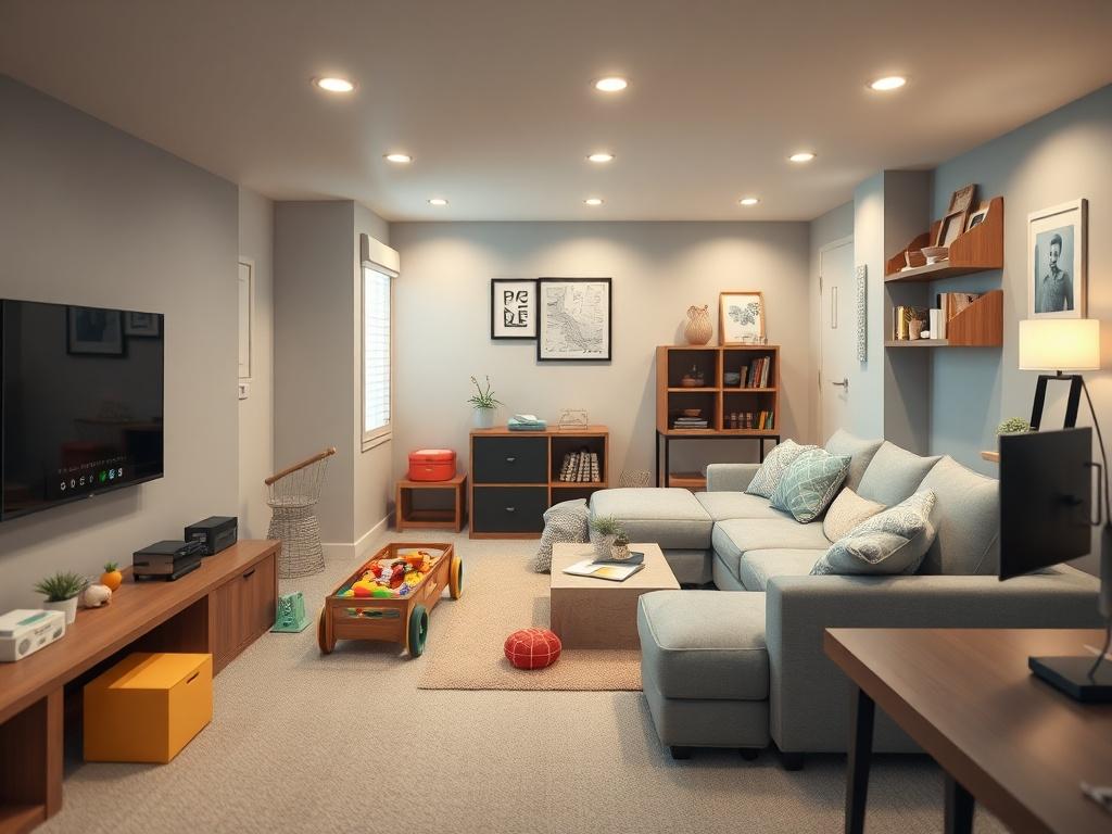 **Prompt for AI Image Generator:**

Create a realistic high-resolution image depicting a beautifully designed family-friendly basement remodeling layout. The primary subject should be a cozy, inviting basement space featuring a well-arranged TV room with a comfortable sectional sofa, a play zone adorned with colorful toys and child-friendly decor, a dedicated homework area with a sleek desk, and stylish storage solutions neatly integrated into the design. 

The composition should be simple and clear, showca