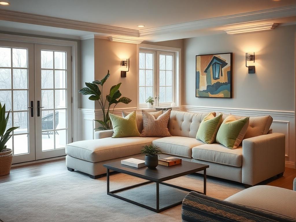 Create a realistic high-resolution photo highlighting a beautifully transformed basement into a dream space. The composition should feature a single, elegant living area within the basement, showcasing modern and inviting decor. The subject should include a cozy corner with a plush sofa in neutral tones, adorned with colorful throw pillows. 

Incorporate a stylish coffee table with decorative elements, such as a small plant and a couple of books. In the background, feature soft ambient lighting from stylish