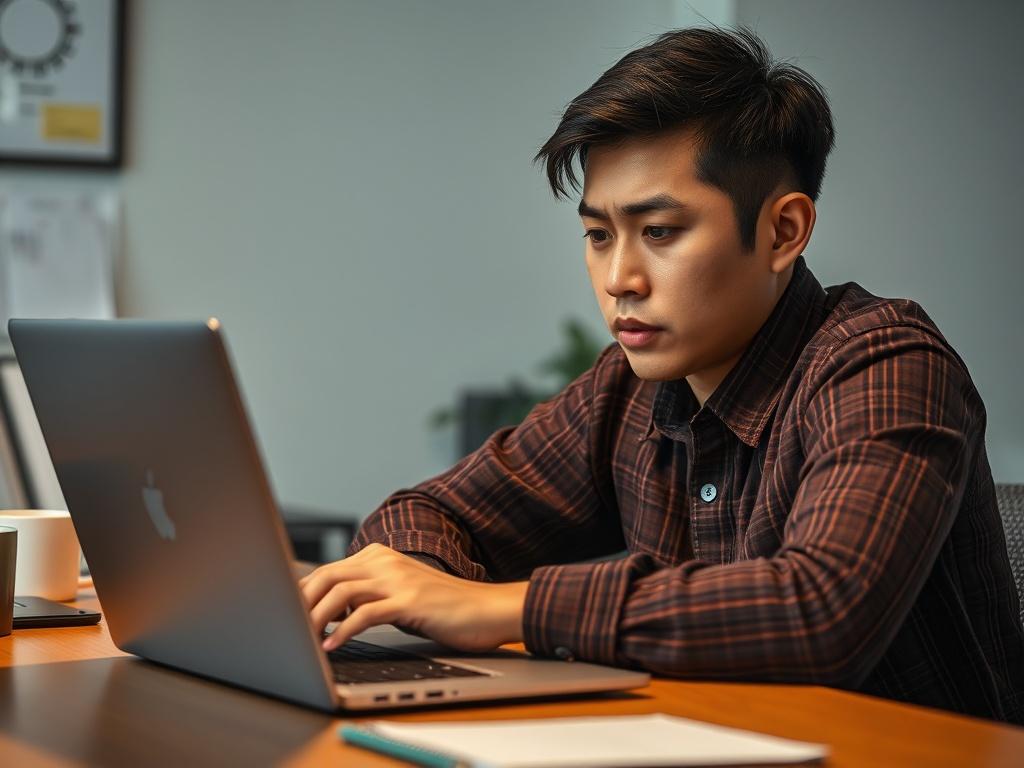 **AI Image Generation Prompt:**

Create a realistic high-resolution photo focused on a single subject that represents the theme of a blog titled "Understanding Phishing Scams." The composition should be simple and clear, highlighting a concerned individual sitting at a desk, intently looking at a laptop screen. The person should be of Asian descent, with an expression that conveys a mix of focus and caution. 

The laptop screen should display a visually recognizable phish email (but without any text), hinti