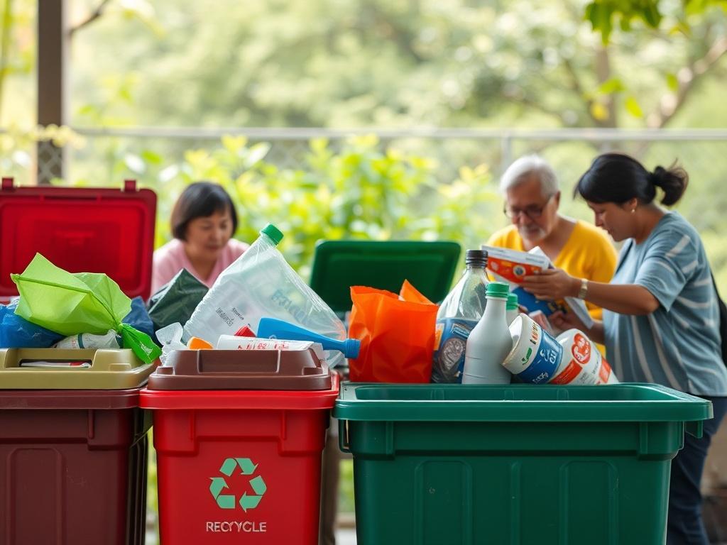 A close-up view of a community recycling center with colorful recycling bins and engaged residents participating in waste segregation. The background should depict a clean, green environment, emphasizing community involvement in sustainability.