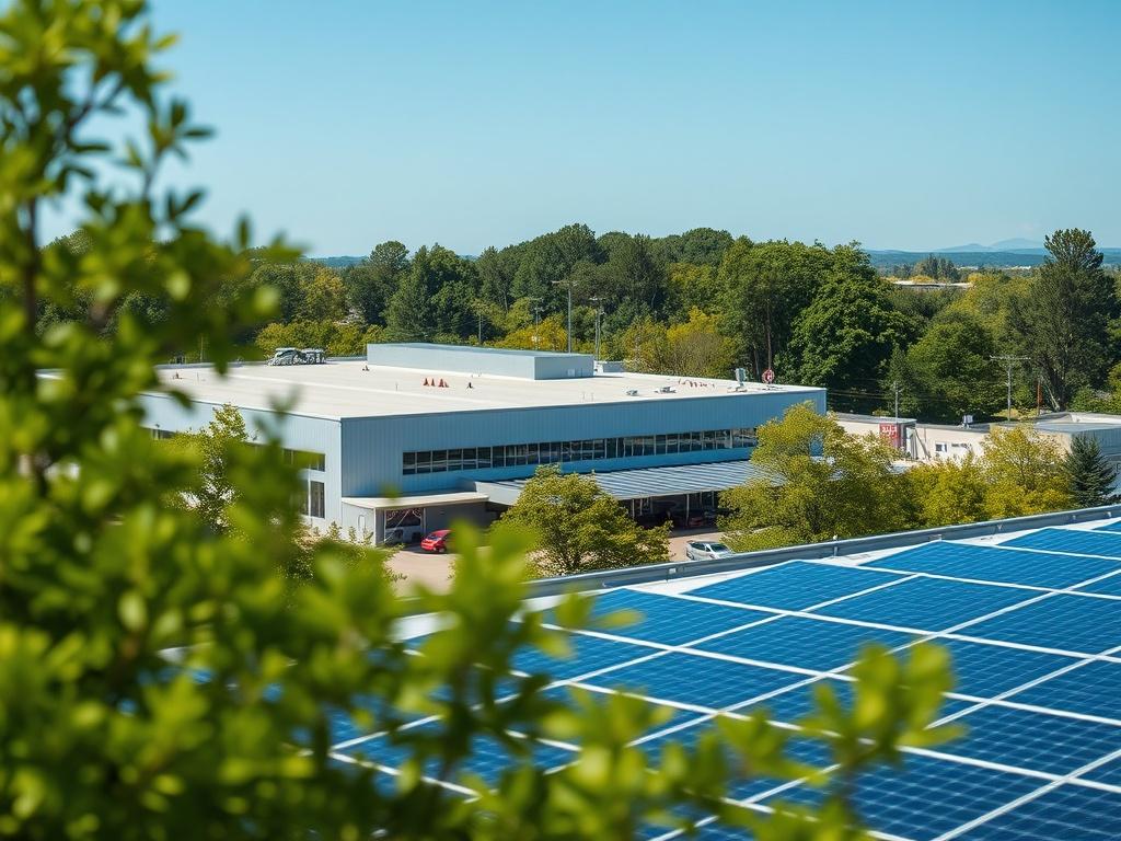 A close-up shot of a modern manufacturing facility surrounded by green trees, showcasing solar panels on the roof. The image should reflect sustainability and innovation, with a clear blue sky and the facility's eco-friendly features in focus.