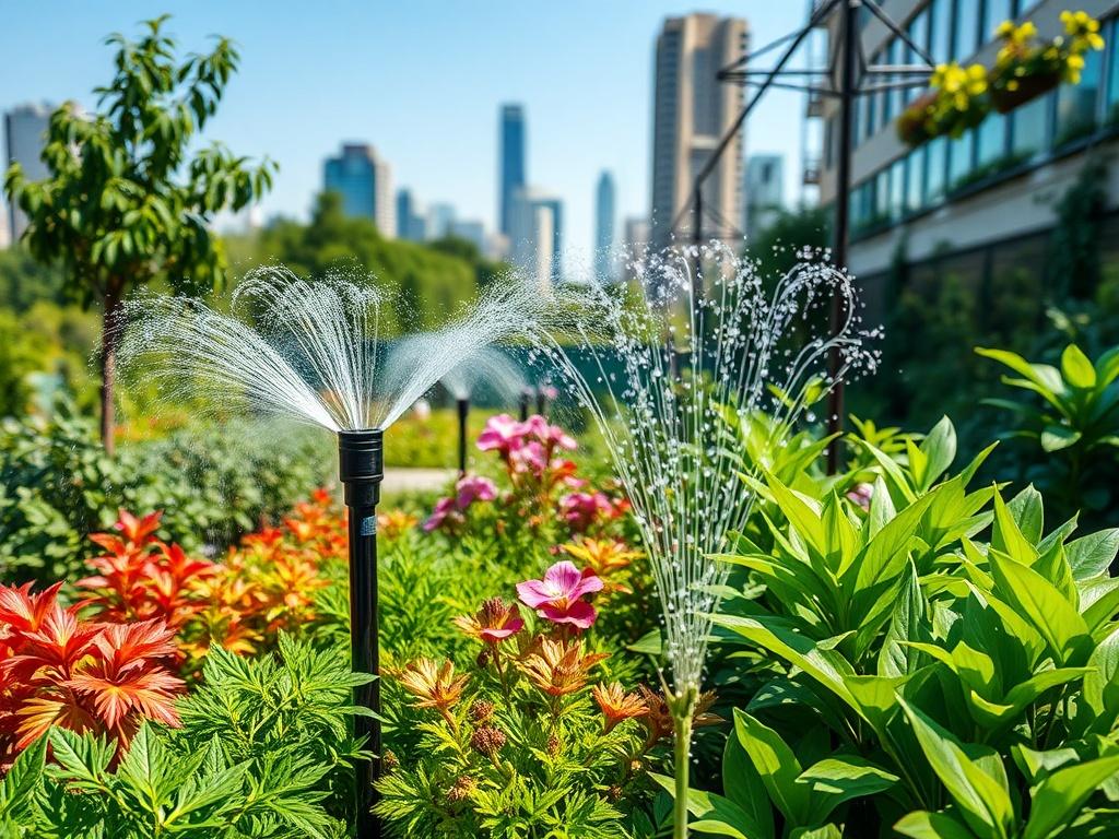 A vibrant close-up of a lush urban garden featuring innovative irrigation systems and rainwater harvesting setups. The background should show a clear blue sky and green cityscape, highlighting the integration of nature within urban settings.