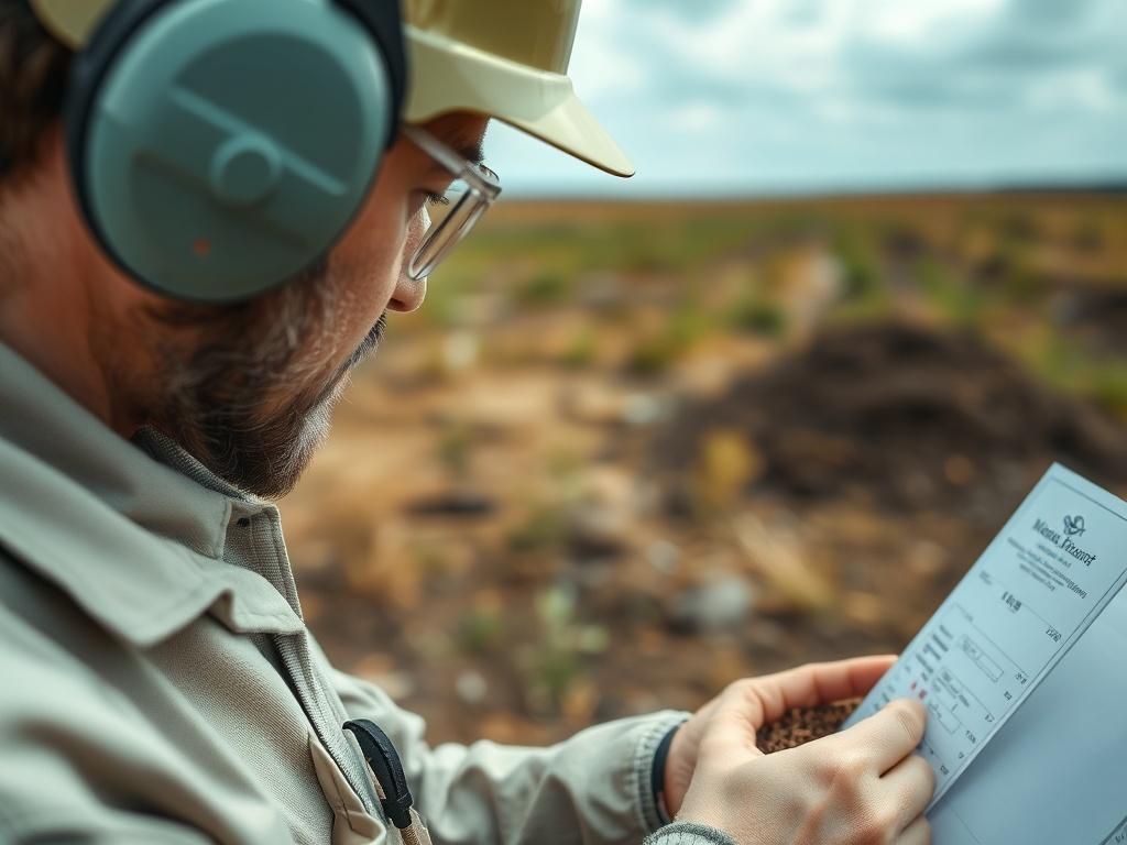 A close-up shot of a waste management expert evaluating landfill conditions in the field. The image shows the expert examining soil samples and landfill types, surrounded by natural landscapes. The professional attire and equipment emphasize a thorough assessment process, conveying trust and expertise.