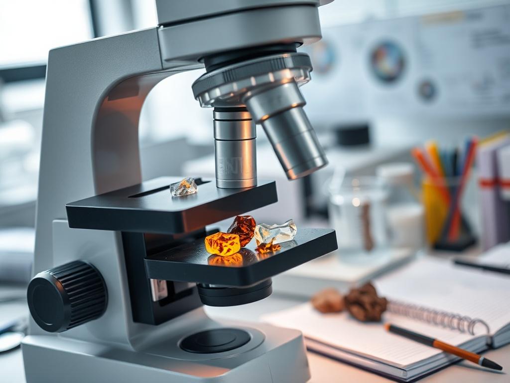 A close-up image of a scientist analyzing mineral samples under a microscope in a lab. The focus is on the microscope with vibrant mineral samples on the stage, surrounded by lab notebooks and research materials. The background conveys a sense of scientific inquiry and professionalism, highlighting the importance of data analysis.