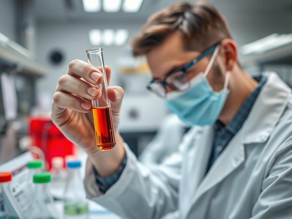 A close-up shot of an environmental consultant analyzing waste samples in a laboratory setting. The image focuses on the consultant holding a test tube filled with colorful liquid, surrounded by lab equipment and waste classification documents. The background features a clean, modern lab environment with bright lighting, emphasizing professionalism and expertise.