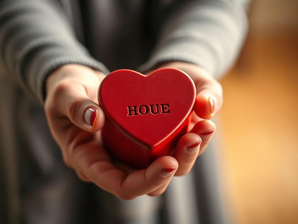 A close-up shot of a hand holding a heart-shaped donation box, symbolizing generosity and support for veterans. The background should be softly blurred to emphasize the box, with warm, inviting colors that complement rgb(193, 153, 87). The focus should be on the box, capturing the essence of giving.